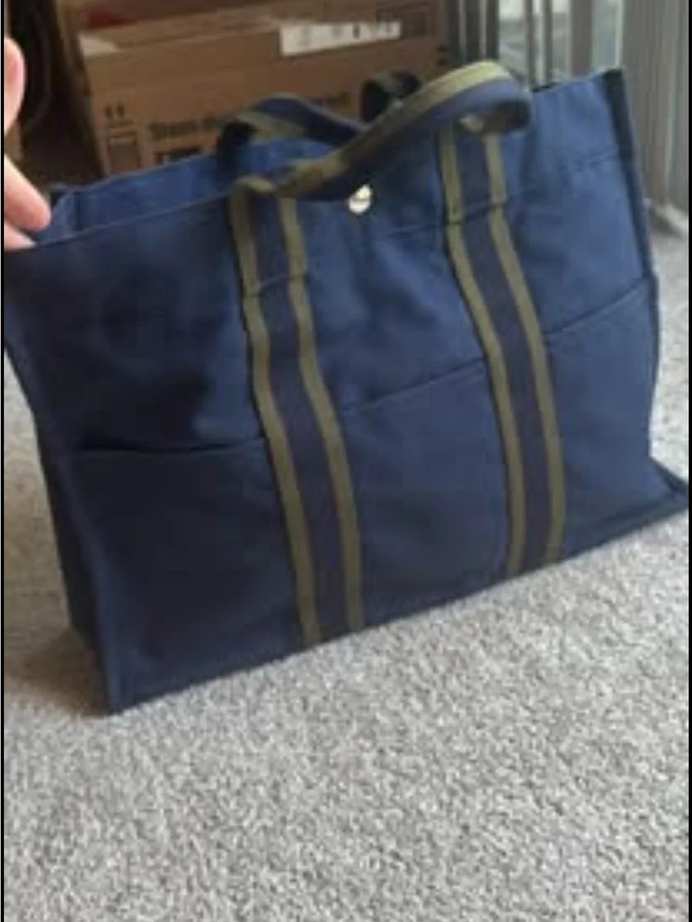 Hermes Navy Canvas Tote with Olive Straps